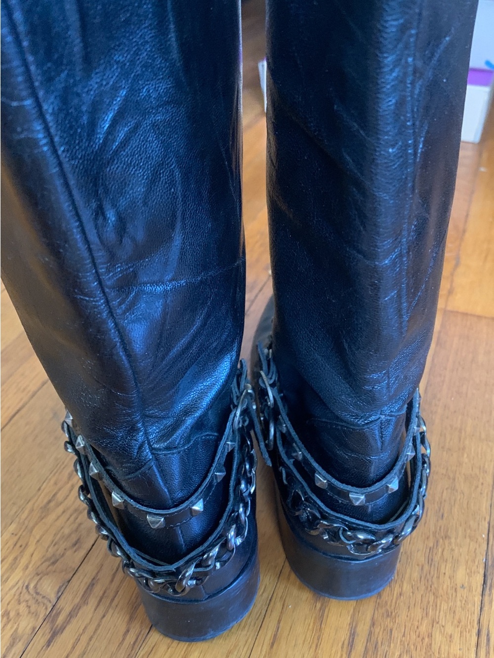 Miss Sixty Women's Black Leather Biker Boots with Chain Detail 38/ 7 - Picture 5 of 6